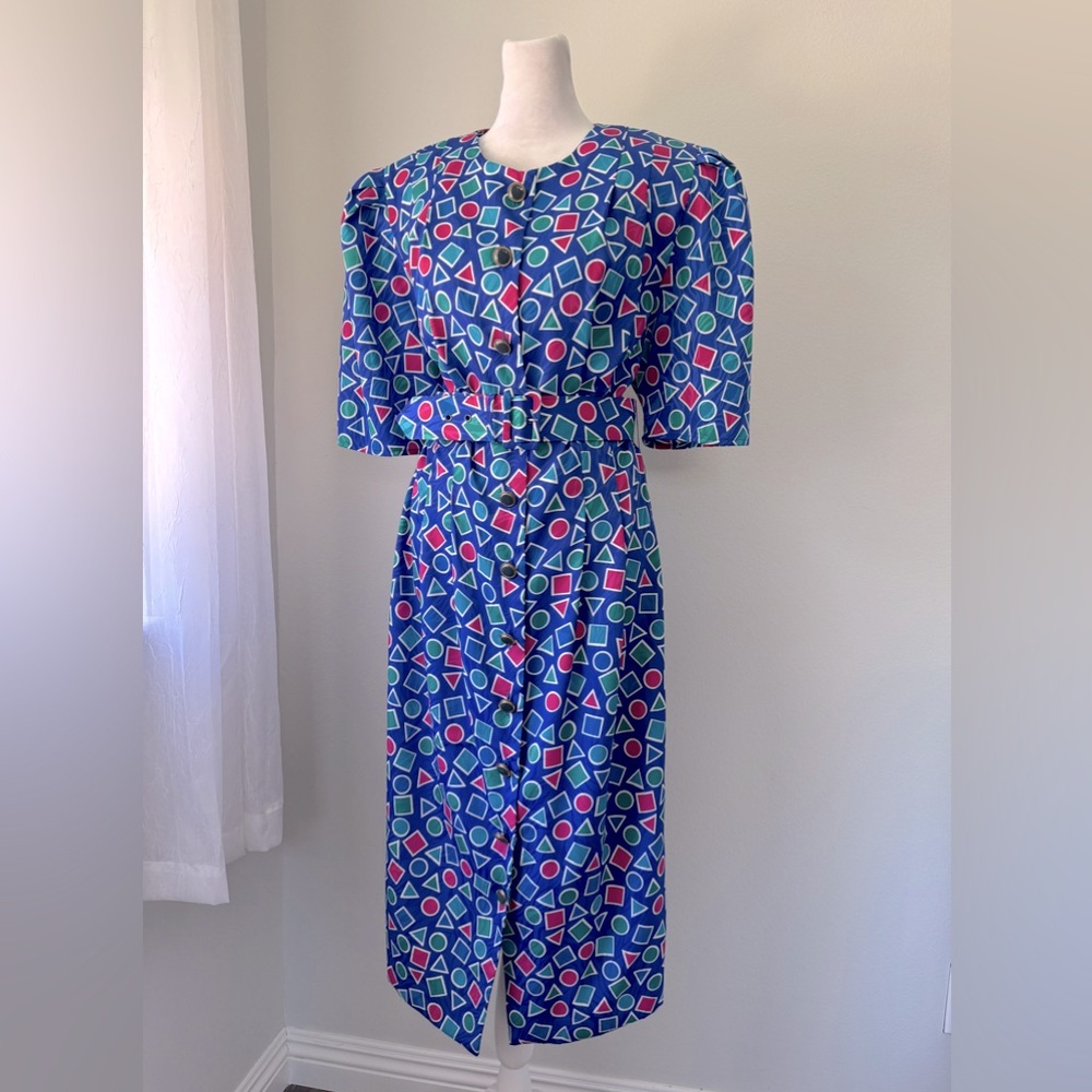 Vintage ‘90s Papell Boutique Multicolored Geometric Print Half Sleeve Midi Dress